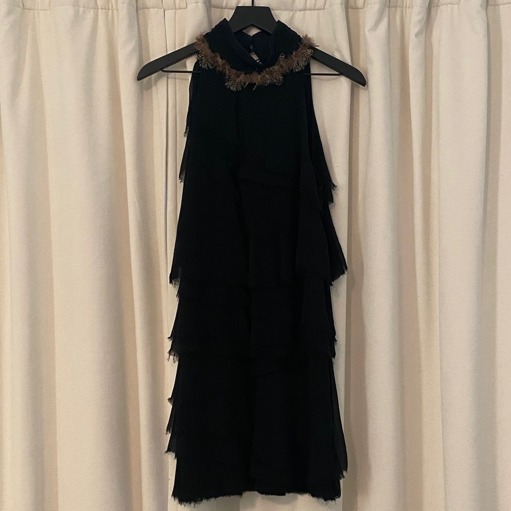 Elizabeth and James Black Dress with Brown Feather Accent 10